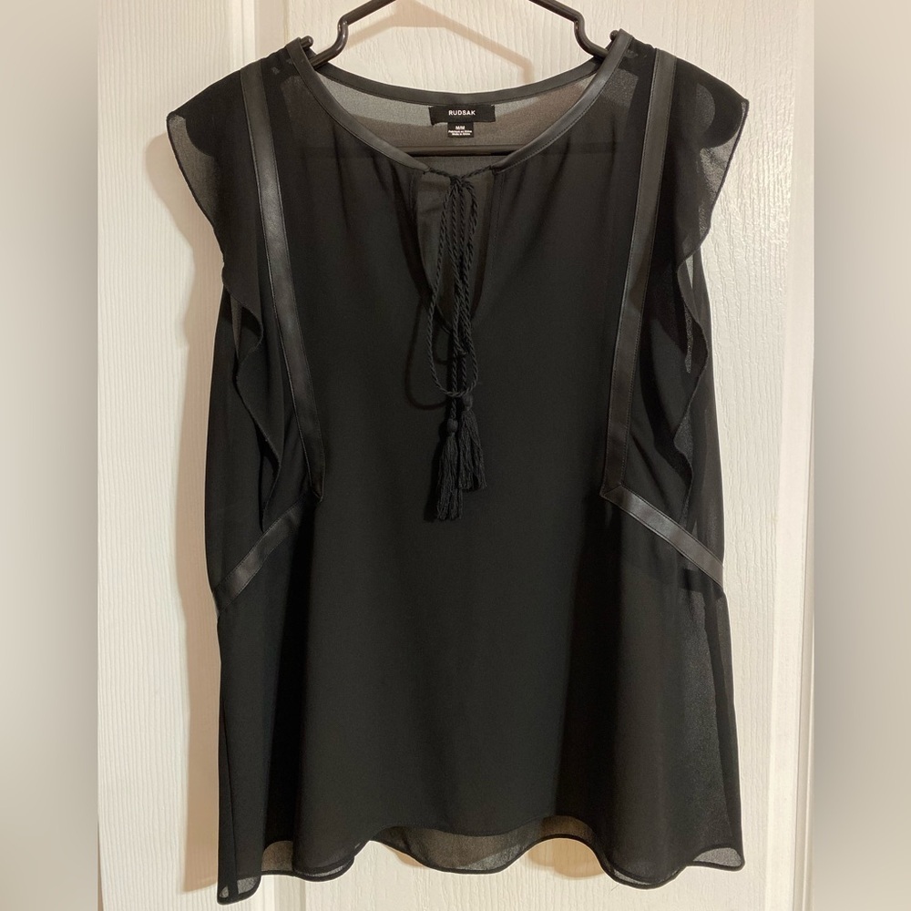 Rudsak Sheer Ruffled Sleeveless Tassel Faux Leather Black Blouse Size Medium